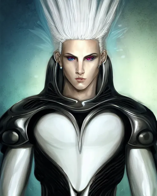 Image similar to perfect white haired egyptian male god, brute, fantasy nanosuit skin armor, beautiful, symmetric, dreamy, half african, black salamander eyes, charlize theron, detailed, scifi platform, laboratory, experiment, 4 k, ultra realistic, epic lighting, android body, illuminated, cinematic, masterpiece, art by akihito tsukushi, voidstar