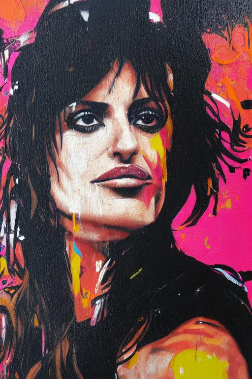 Image similar to oil painting, portrait of penelope cruz, wall with graffiti, splash painting, by bansky