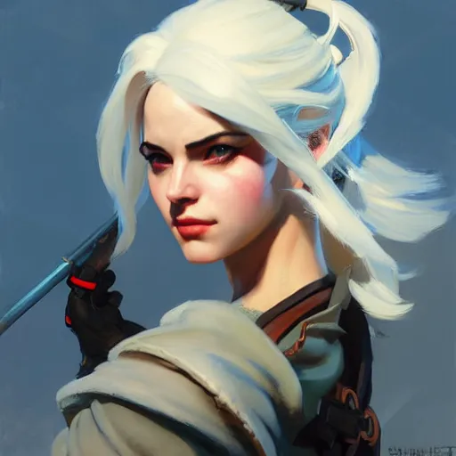 Image similar to Greg Manchess portrait painting of Ciri as Overwatch character, medium shot, asymmetrical, profile picture, Organic Painting, sunny day, Matte Painting, bold shapes, hard edges, street art, trending on artstation, by Huang Guangjian and Gil Elvgren and Sachin Teng