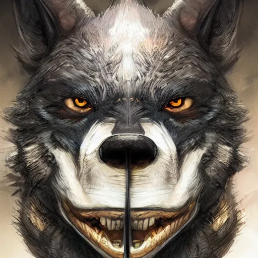 Image similar to 3/4 headshot of cute werewolf, D&D, handsome, fantasy, intricate, long snout, donkey ears, fursona, black hair, elegant, highly detailed, digital painting, artstation, concept art, smooth, sharp focus, illustration, art by artgerm and greg rutkowski and alphonse mucha