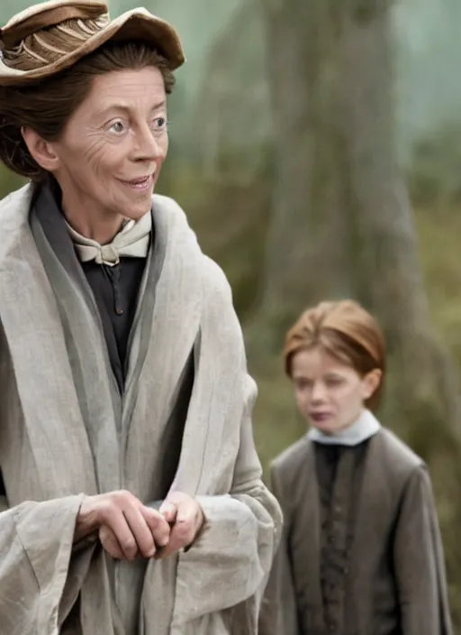 Prompt: film still of Nanny McPhee as Professor Minerva McGonagall in Harry Potter, 4k