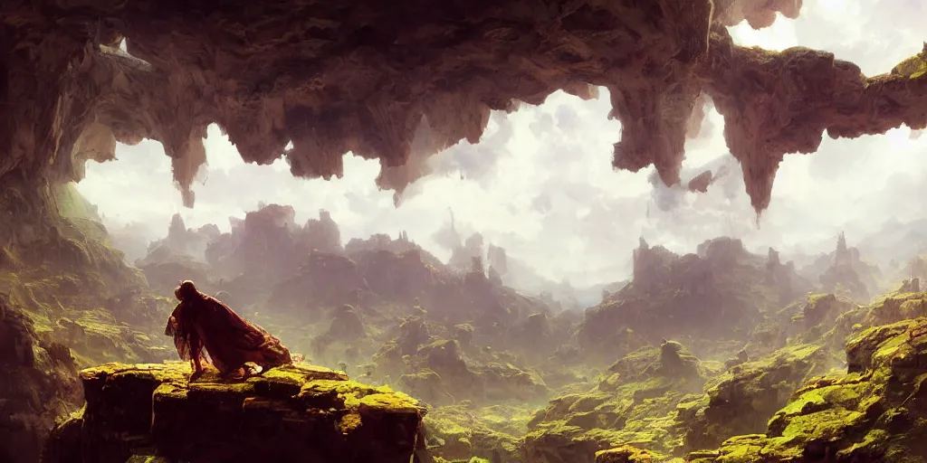Prompt: huge cave ceiling clouds made of green earth towns, industry, steampunk villages castles, buildings inverted upsidedown mountain artstation illustration sharp focus sunlit vista painted by ruan jia raymond swanland lawrence alma tadema zdzislaw beksinski norman rockwell tom lovell alex malveda greg staples