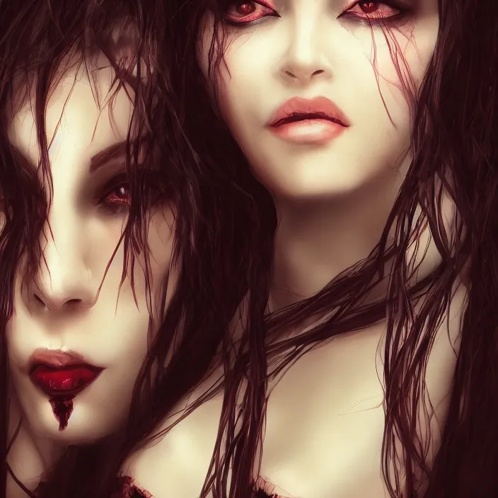 Prompt: portrait photograph of an extremely beautiful!!!! vampire queen, looking at the camera!!. super resolution. Extremely detailed. bokeh!!!!! trending on artstation.