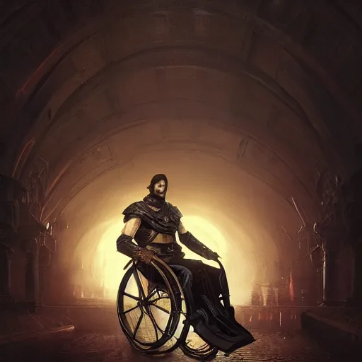 Image similar to handsome portrait of a wheelchair guy fitness posing, radiant light, caustics, heroic, smooth, one legged amputee, bloodborne gehrnan costume, bright iridescent light, by gaston bussiere, bayard wu, greg rutkowski, giger, maxim verehin