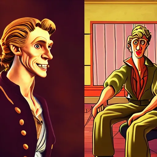 Image similar to Guybrush Threepwood from Monkey Island, golden hour, artstation, in the style of Art Deco and Edward Hopper and Bosch, extremely detailed