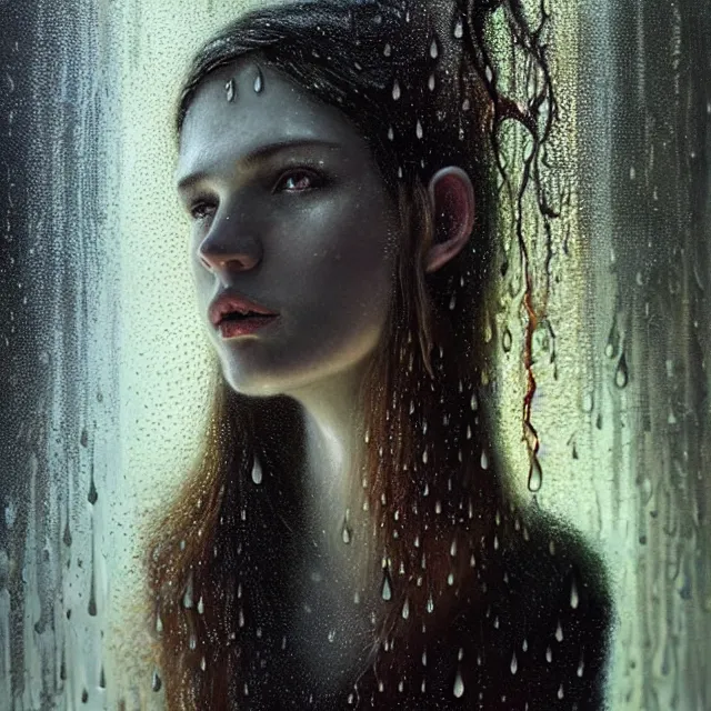 Image similar to bright portrait surrounded by mushrooms with rain on face and wet hair, diffuse overhead lighting, fantasy, intricate, elegant, dramatic lighting, highly detailed, lifelike, photorealistic, digital painting, artstation, illustration, concept art, smooth, sharp focus, art by John Collier and Albert Aublet and Krenz Cushart and Artem Demura and Alphonse Mucha