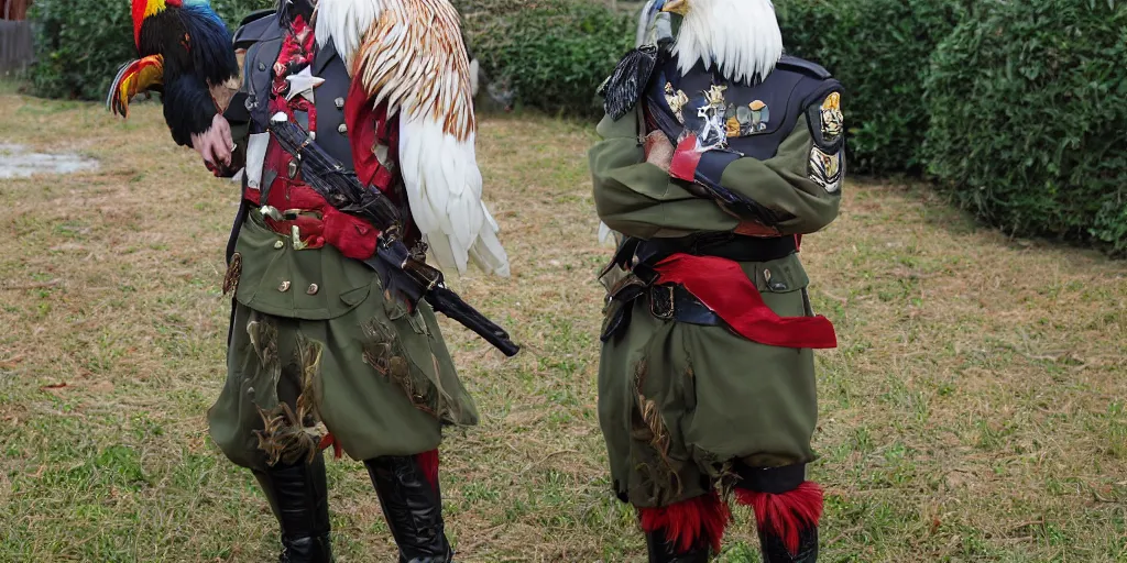 Image similar to a rooster wearing a military uniform. cosplay, full character