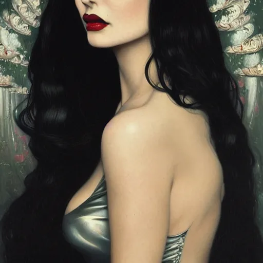 Image similar to ana de armas as morticia addams, masterpiece, intricate, elegant, highly detailed, digital painting, artstation, concept art, smooth, sharp focus, illustration, art by artgerm and greg rutkowski and alphonse mucha and uang guangjian and gil elvgren and sachin teng, symmetry!!