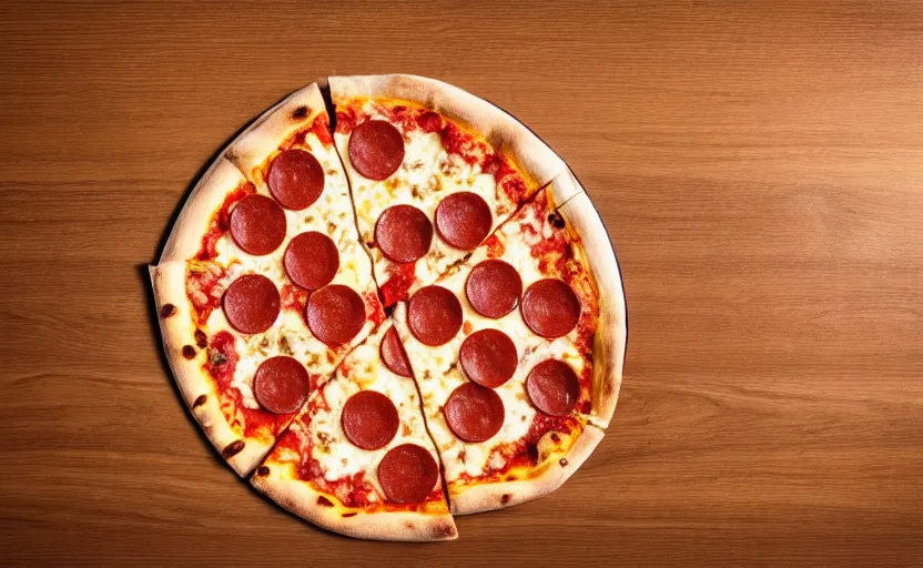 Prompt: a pizza on wooden table, natural light, cinematic lighting, 8 k