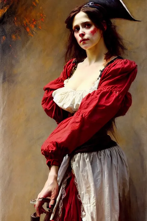 Prompt: solomon joseph solomon and richard schmid and jeremy lipking victorian genre painting full length portrait painting of a young beautiful woman traditional german french actress model pirate wench in fantasy costume, red background