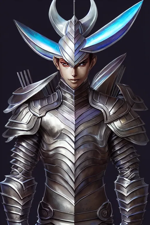 Image similar to Full body character concept art of an anime draconian warrior knight, iridescent scales, cool face, muscular, by Stanley Artgerm Lau, WLOP, Rossdraws, James Jean, Andrei Riabovitchev, Marc Simonetti, and Sakimichan, tranding on artstation