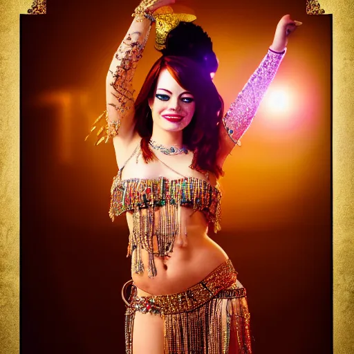 Prompt: a digital portrait of emma stone dressed as a belly dancer, arabian night, high quality, fully detailed, 4 k, in focus face with fine details, realistic hands