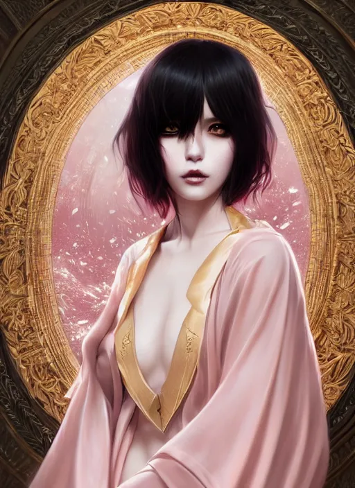 Image similar to dreamlike luxury stunning gothic girl portrait, pale pink and gold kimono, art by artgerm, wlop, loish, ilya kuvshinov, 8 k realistic, hyperdetailed, beautiful lighting, detailed background, depth of field, symmetrical face, frostbite 3 engine, cryengine,