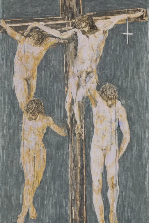 Image similar to light of god illuminating jesus christ crucified painted by cy twombly and andy warhol