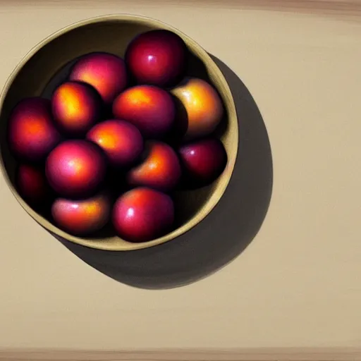 Prompt: concept art of a single bowl filled with a few moist freshly picked plums on a wooden table. digital painting. volumetric lighting. small scale. artistic. trending on artstation.