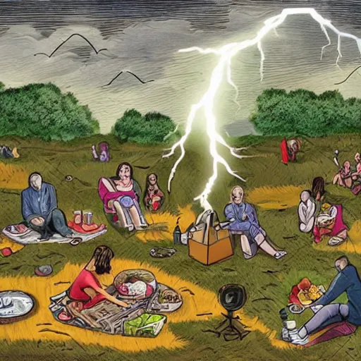 Prompt: a detailed illustration of a god ruining a picnic in the park, nightmare in the park, calamity, dark storms with lightning, ultrawide lens, aerial photography, natural disaster, 8 k, art by the unemployed philosophers guild