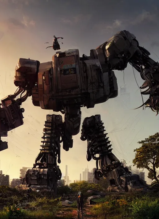 A giant robot in city ruins overtaken by vegetation, | Stable Diffusion ...