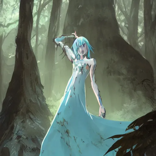 Image similar to concept art painting of a white demon wearing a turquoise dress, in the deep forest, realistic, detailed, cel shaded, in the style of makoto shinkai and greg rutkowski and james gurney