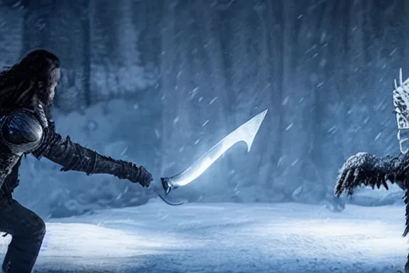 Image similar to very very intricate photorealistic photo of jon snow fighting the night king, photo is in focus with detailed atmospheric lighting, award - winning details