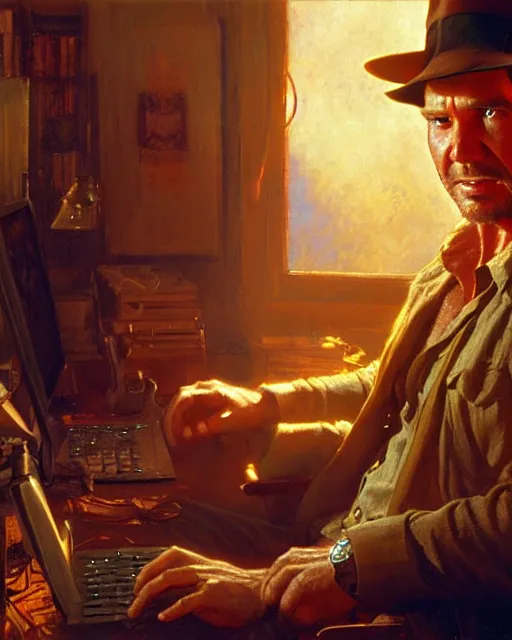 Prompt: attractive 4 5 year old man watching the movie indiana jones on his desktop computer, watching the screen gleefully, golden hour painting by gaston bussiere, craig mullins, j. c. leyendecker