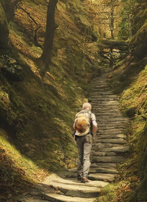 Image similar to happy blonde english man hiking a beautiful path, fluent composition, concept art, ambient light, 4 k, intricate details, highly professionally detailed, cgsociety, highly detailed -