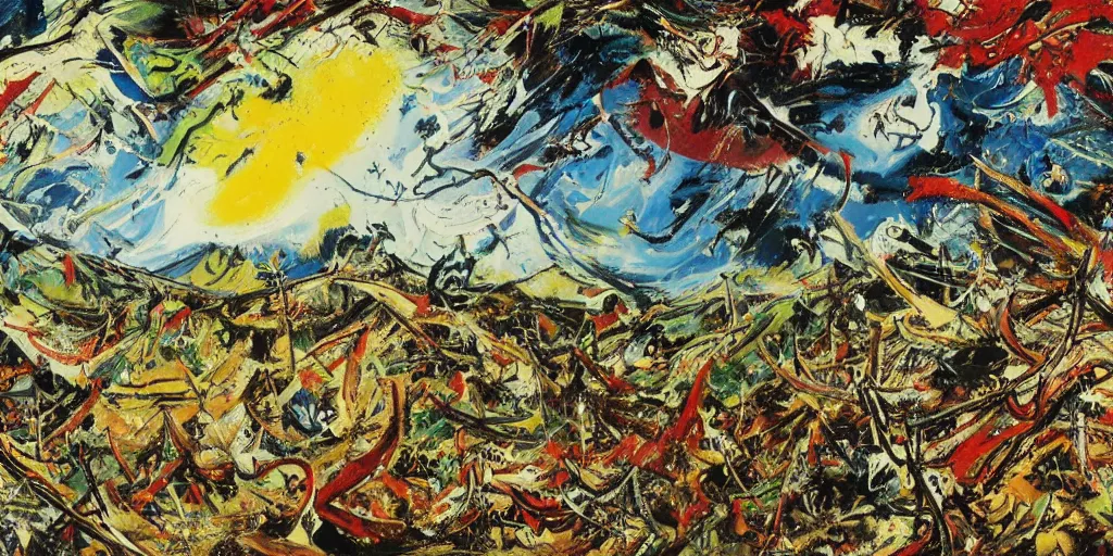 Prompt: a high quality professional 360 painting of a fantasy landscape by Jackson Pollock, detailed, elegant, intricate, 4k