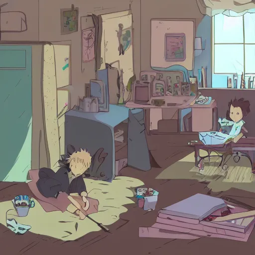 Prompt: messy room, hikkikomori, monsters on the ground, ghibli style cheery, a boy sits in the corner