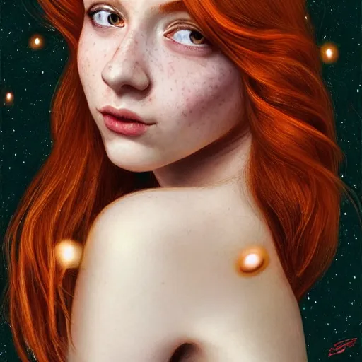 Image similar to a highly detailed, hyper realistic, red haired young woman, among golden fireflies, with long hair, green eyes, hint of freckles, round gentle face, toned abdomen, cheeky smile, deep focus, elegant, digital painting, smooth, sharp focus, golden ratio, illustration, ultra realistic, 8 k, art by artgerm and caravaggio