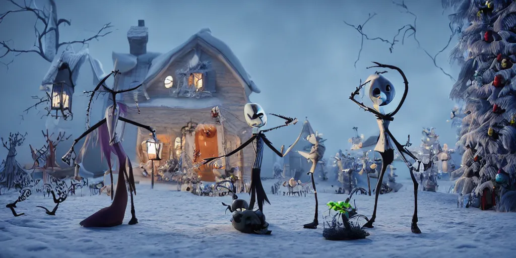 Image similar to a scene from tim burtons nightmare before christmas, illustration, reality, wide shot, light colors, highly detailed, sharp focus, cinema 4 d, 3 d, octane render