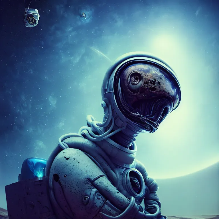 Image similar to surreal closeup portrait of alien astronaut in wastelands on exoplanet, lucid dream - like heavy atmosphere, baroque painting, harsh flash photo, perfect composition, detailed octane render trending on artstation, 8 k artistic photography, volumetric cinematic perfect light, chiaroscuro, masterpiece, raphael, caravaggio, beksinski, rutkowski, beeple