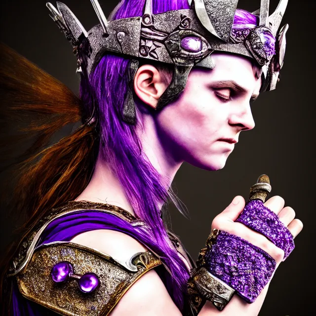 Image similar to photo of a beautiful strong warrior queen wearing amethyst encrusted armour, highly detailed, 4 k, hdr, smooth, sharp focus, high resolution, award - winning photo