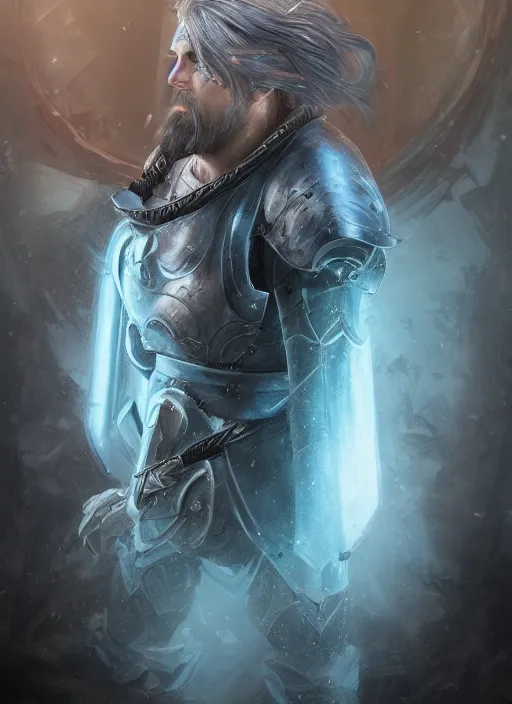 Image similar to an epic fantastic realism comic book style portrait painting of an aasimar paladin, male, shaggy silver hair, short brown beard, steve argyle, d & d concept art, unreal 5, daz, teal aesthetic, octane render, cosplay, rpg portrait, dynamic lighting