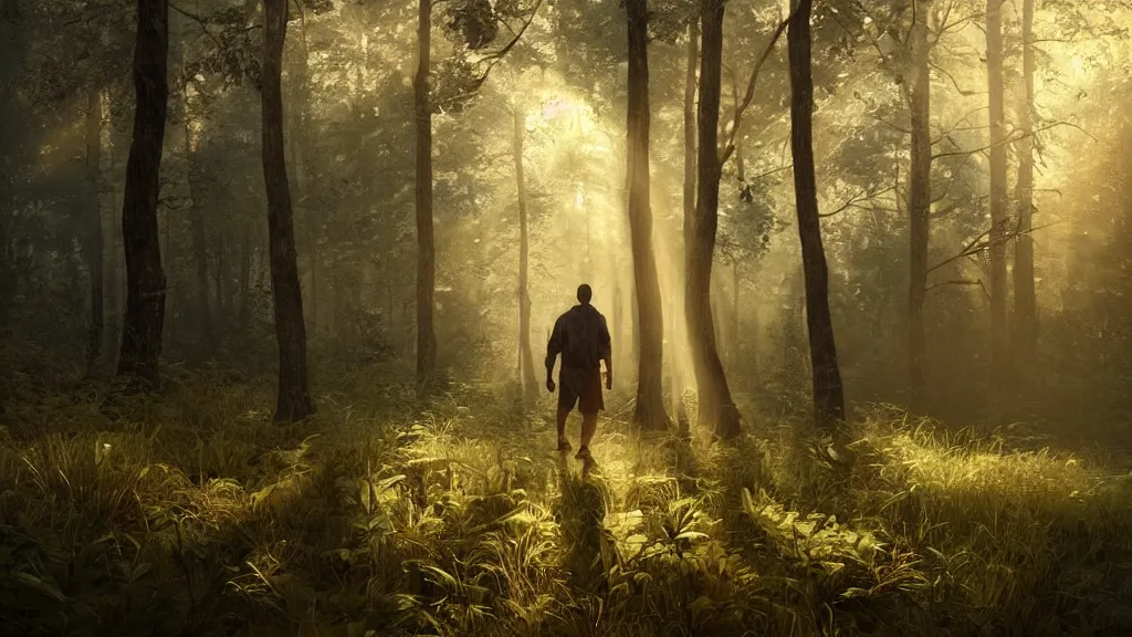 Prompt: beautiful closeup render of an indigenous man walking in the woods, unreal engine, soft light, forest, morning glow, god rays, by greg rutkowski, cgsociety