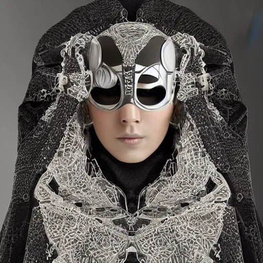 Prompt: close up portrait of the mysterious masked cyborg, vogue poses, beautiful futuristic ornamental cape, intricate, highly detailed, in the style of moebius