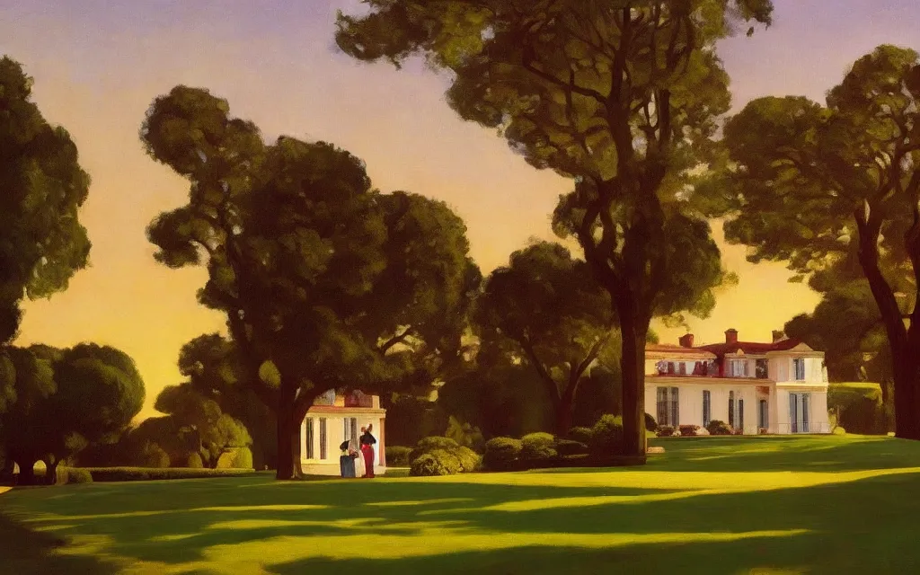 Prompt: a small country house, a small country house, an elderly couple under an avenue of roses, sunset, highly detailed, cinematic lighting, perfect composition, 4 k, edward hopper