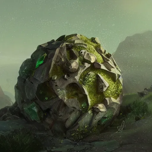 Image similar to a small ball made of rock and jagged green crystals, digital painting, artstation, concept art, soft light, hdri, smooth, sharp focus, illustration, fantasy, intricate, elegant, highly detailed, D&D, matte painting, in the style of Greg Rutkowski and Alphonse Mucha and artemisia, 8k, highly detailed, jurgens, rutkowski, bouguereau, pastoral, rustic, georgic