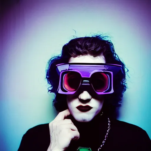 Image similar to kodak ektachrome e 1 0 0 photograph of a skinny nerdy goth guy with wild hair wearing goggles and eclectic jewelry, moody lighting, telephoto, 9 0 s vibe, rave background, vaporwave colors, faded!,