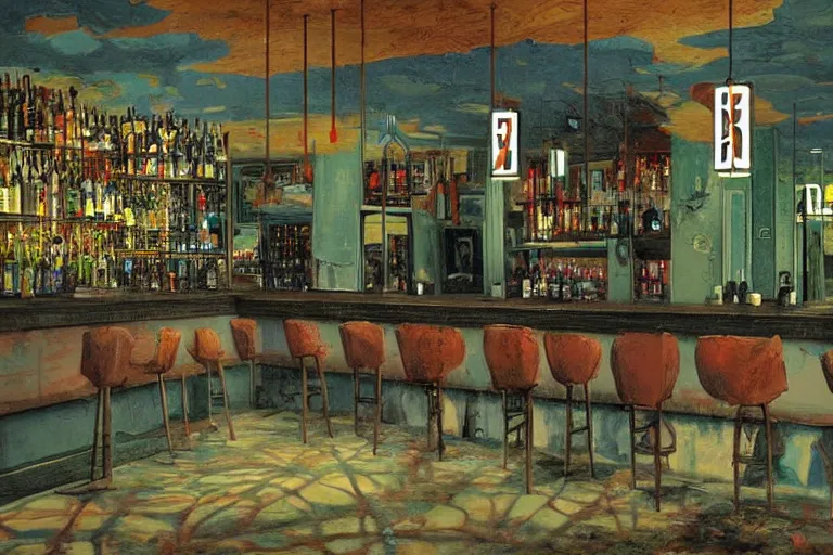 Image similar to scene from louisiana swamps, bar, neon cross, voodoo, artwork by tim eitel