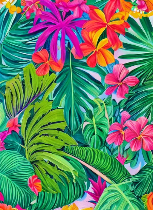 Prompt: a painting of tropical plants and flowers by lisa frank, behance