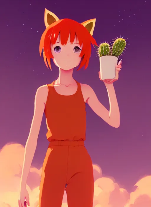 Image similar to portrait of cute redhead girl in orange jumpsuit with fox ears, holding a cactus, cloudy sky background lush landscape illustration concept art anime key visual trending pixiv fanbox by wlop and greg rutkowski and makoto shinkai and studio ghibli