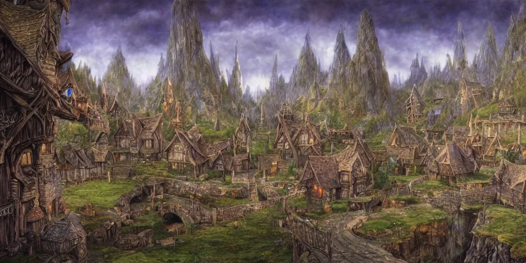 Prompt: high fantasy magical elven town village, gilroy gardens, art by john howe, alan lee, ted naismith, quinton hoover, j. r. r tolkien, lord of the rings, rpg, dungeons and dragons, elden ring, adventure, environment, smooth, sharp focus, deviantart, artstation