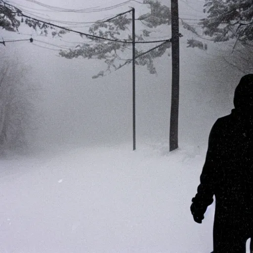 Image similar to photograph of a man sleepwalking during a blizzard, 8 0 mm film