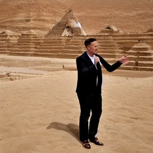 Prompt: elon musk dressed like an old egyptian, next to the pyramids, award winning photography