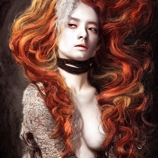 Image similar to portrait of a Shibari rope wrapped face and neck, headshot, insanely nice professional hair style, dramatic hair color, digital painting, of a old 18th century, traveler, amber jewels, baroque, ornate clothing, scifi, realistic, hyperdetailed, chiaroscuro, concept art, art by Franz Hals and Jon Foster and Ayami Kojima and Amano and Karol Bak,