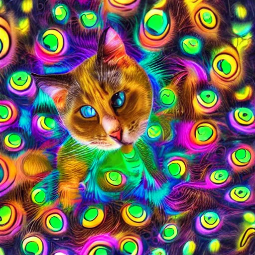 Prompt: cats with many eyes floating in colorful glowing swirling whisps, chimera cat, different eye colors, occult inspired, emerging from the void, shallow depth of field