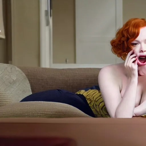 Image similar to amazing beautiful Christina Hendricks with mouth wide open in the living room, film still from the movie directed by Denis Villeneuve , wide lens