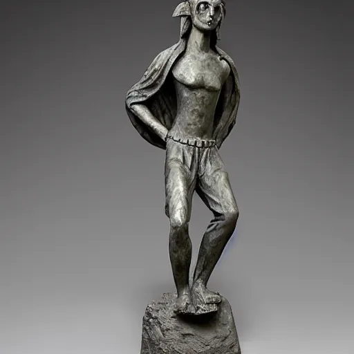 Image similar to long shot photo of a soapstone Art Deco statue Hades wearing a tunic, long pants,Cerberus on his side,sculped by Paul Landowski,Jean Dupas, Tamara de Lempicka, Reginald Marsh, Rockwell Kent, and Diego Rivera,beared,long shot,wide shot,low angle,Sigma 85 mm,very detailed,unreal-engine,city in the background