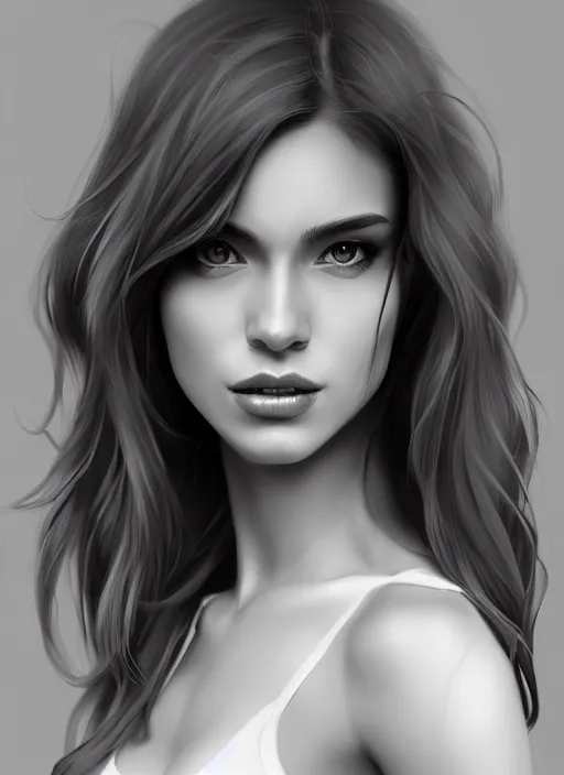 Image similar to full body portrait of a beautiful woman in black and white, photorealistic, hair down to waist, art by diego fazio and diegoKoi and artgerm, concept art, hyper sharp focus, 8k highly detailed