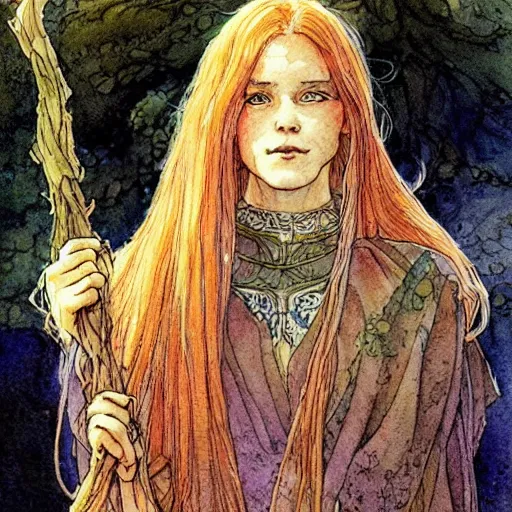 Prompt: a beautiful and very detailed character concept watercolour portrait of sanna!!!!! marin!!!!!, the young female prime minister of finland as a druidic wizard by alan lee, rebecca guay, michael kaluta, charles vess and jean moebius giraud
