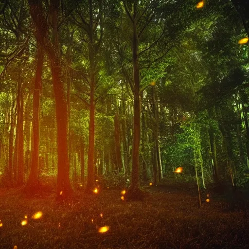 Prompt: an enchanted forest full of fireflies, night, warm light